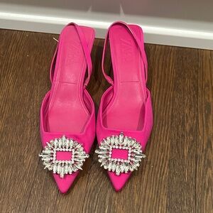 Zara Hot Pink Pointed Slingback Heels with Crystal Buckles